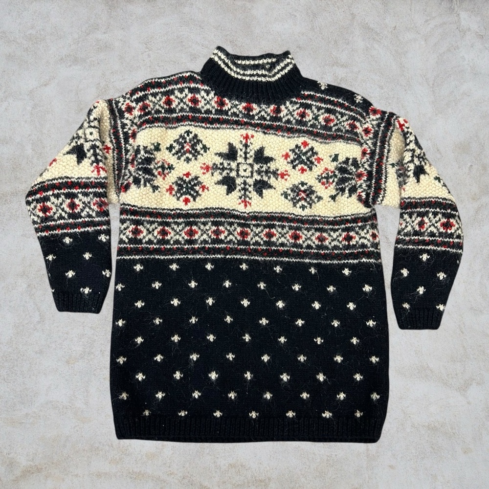 Jones New York Sweater Women Petite Small Black Cream Snowflake Handknit Grandma